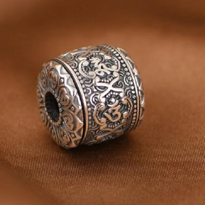 Authentic 100 925 Silver Tibetan Six Words Beads Buddhist Om Mantra Spinning Bead Good Luck Amulet