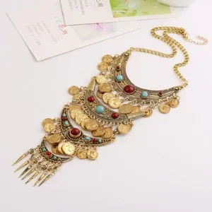 Authentic Vintage Boho Gold Plated Turquoise Necklace Gypsy Big Choker Necklace for Women