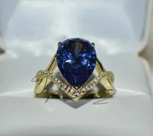 Authentic 8 ct PREMIUM AAAA TANZANITE & 40 VVS DIAMOND DINNER GYPSY 14K Y GOLD PLATED S-8.