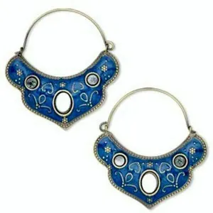 Authentic Antiqued Gold Plated & Blue Enamel Mirror Boho Gypsy Hoop Earrings