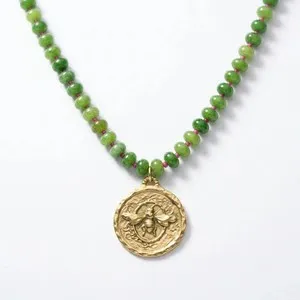 Authentic Green Jade Beaded Necklace with Gold Plated Bee Pendant by Desert Gypsy