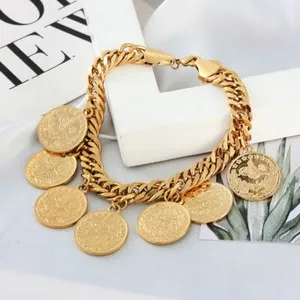 Authentic Gypsy Arabian Coins Chunky Big Chain Bracelet Jewellery 18K Gold Plated Bohemian