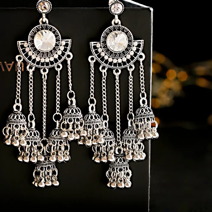 Authentic Indian Jhumka Earrings Gold Sliver Color Big Bells Drop Long Tassel Earring Boho Gypsy Jewelry