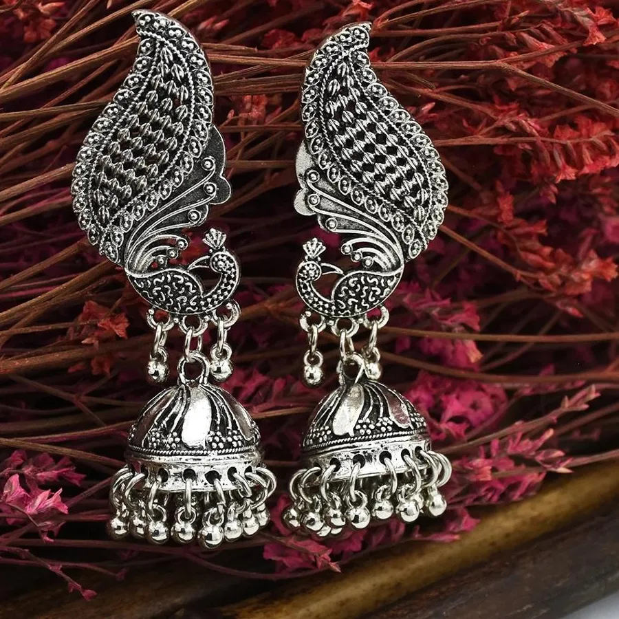 Authentic Women Silver Color Peacock Indian Jewelry Gypsy Vintage Ethnic Boho Tribe Bell Tassel Drop Earrings Jhumka Earrings Jewelry