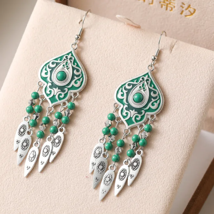 Authentic Ethnic Unique Pattern Geometric Charm Earrings for Women Creative Drop Oil Colorful Beads Metal Tassel Hanging Earrings Jewelry