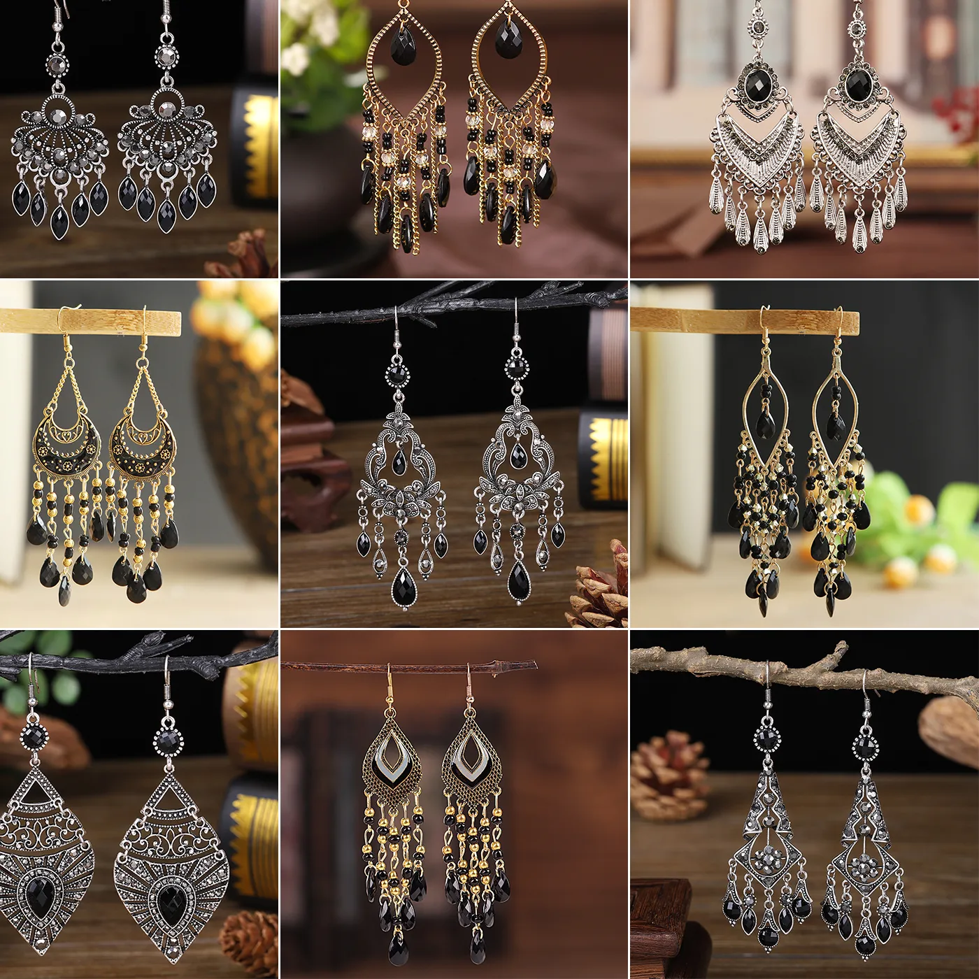 Authentic Bohemian Black Texture Water Drop Earrings for Women Ethnic Vintage Long Geometric Dangle Earrings Party Vacation Jewelry