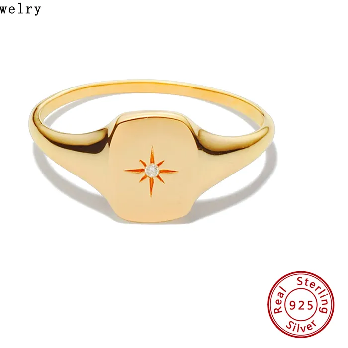 Authentic Luxury Minimalist Signet Starburst Zircon 925 Sterling Silver Unique Finger Ring Fine Jewelry Rings for Girls