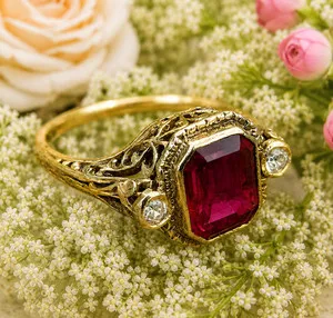 Authentic 2Ct Emerald Lab-Created Ruby Three Stone Engagement Ring 14K Yellow Gold Plated
