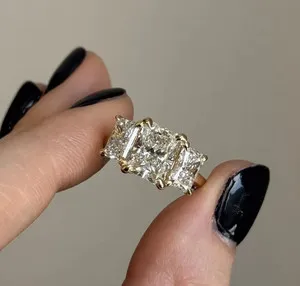 Authentic 4ct Radian Cut VVS1 Moissanite Three Stone Bridal Ring In 14k Yellow Gold Plated