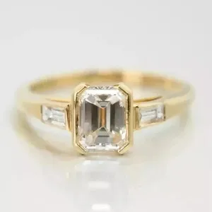 Authentic Moissanite Three Stone 9x7mm Emerald Cut Engagement Ring 14K Yellow Gold Plated