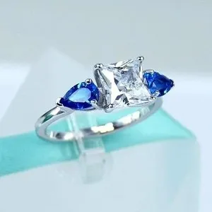 Authentic Three Stone Ring In 14k White Gold Plated 2.30Ct Princess Cut Simulated Diamond