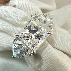 Authentic 4.50ct Princess Cut Moissanite Three Stone Engagement Ring 14K White Gold Plated