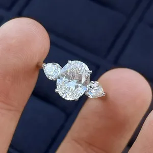 Authentic 3.7Ct Oval Cut Moissanite Three Stone Engagement Ring 14k White Gold Plated