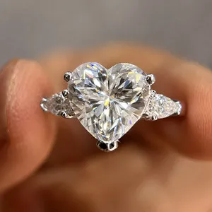 Authentic 2Ct Heart Cut Moissanite Three-Stone Engagement Ring 14k White Gold Plated