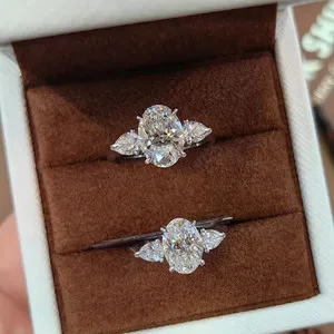 Authentic 3.70Ct Oval Cut Moissanite Three Stone Engagement Ring 14k White Gold Plated