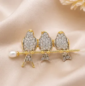 Authentic 3.0Ct Simulated Diamond Three Birds Women's Brooch Pin – 14K Yellow Gold Plated