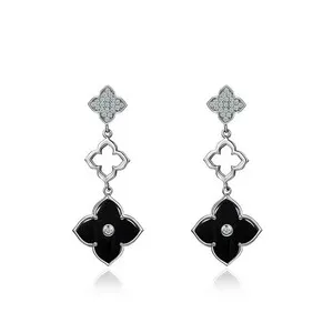 Authentic 925 Sterling Silver14K Gold-Plated CZ Three Clover Flower Drop Earring for Women
