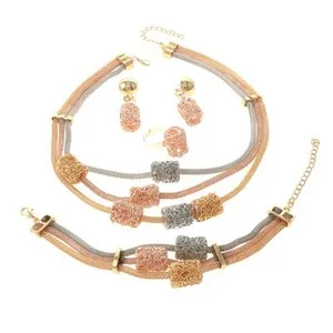 Authentic Three Tone Gold Plated Metal Necklace Bracelet Earring Set HQX351-3T
