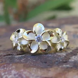 Authentic Hawaiian Silver Gold Plated Three Plumeria Flowers CZ Wedding Ring Band SR3375