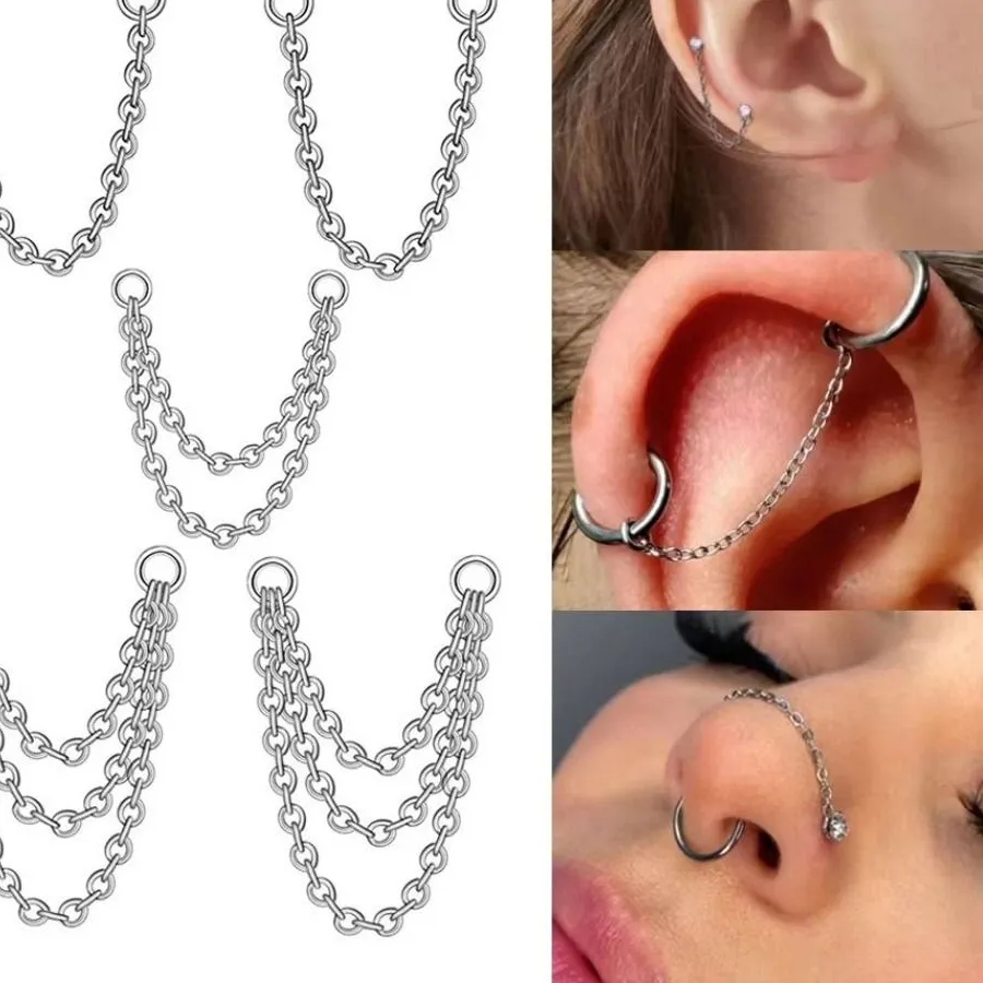 Authentic Nose Chain Three Layer Chain Double Chain Nostril Chain Diy 25- 50Mm Labret Chain Piercing Ear Nose Jewelry