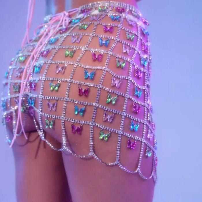 Authentic Sexy Skirt Chain Body Jewelry Bikini Crystal Short Skirt Chain Three Point Thong Chest Chain Beach Outfit Waist Chain