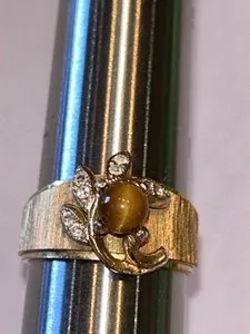 Authentic Tiger Eye18K Gold Plated Ring Ribbed Band Stone Crystal Accents Vintage