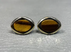 Authentic Vintage Tiger's Eye Yellow Gold Plated Cuff Links