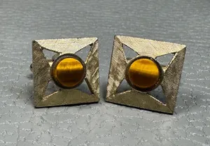 Authentic The Gilded Visionary: Vintage Tiger Eye Open Work Gold-Plated Cuffs