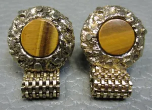 Authentic Vintage Tiger's Eye Wrap Around Yellow Gold Plated Cuff Links