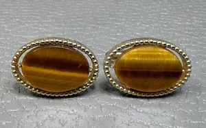 Authentic Vintage Tiger's Eye Beaded Border Yellow Gold Plated Cuff Links
