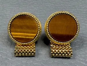 Authentic Vintage Tiger's Eye Yellow Gold Plated Wrap Around Cuff Links