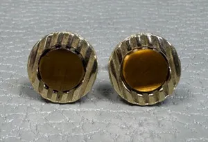Authentic Vintage Tiger's Eye Yellow Gold Plated Cuff Links