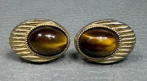 Authentic Vintage Tiger's Eye Yellow Gold Plated Cuff Links