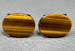 Authentic Vintage Tiger's Eye Prong Set Yellow Gold Plated Cuff Links