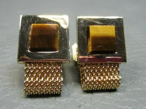 Authentic Vintage Tiger's Eye Wrap Around Yellow Gold Plated Cuff Links