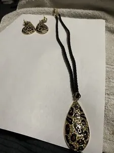 Authentic Tiger Print Set Necklace And Dangle Stud Earrings Gold Plated Preowned