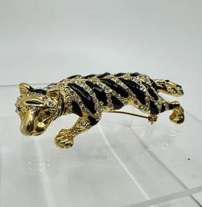 Authentic Crouching Tiger Green Eyes Vintage 1970s gold plated enamel Brooch Pin