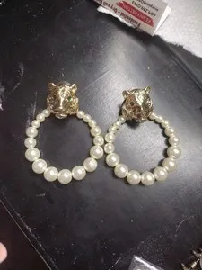 Authentic Gold Plated Tiger Faux Pearl Hoop Design Stud Earrings Costume Jewelry