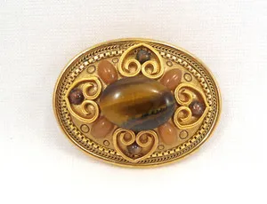 Authentic VTG Michal Golan Pin Brooch - Pendant Byzantine Tiger-eye Gold Plated Signed