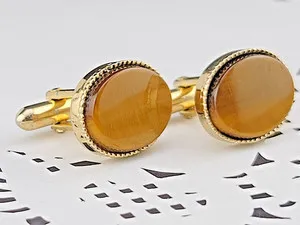 Authentic Vintage Signed Swank Cat 🐅 Tiger Eye Brown Stone Oval Gold Plated Cufflinks