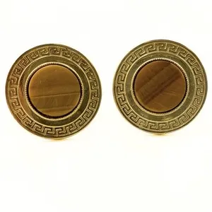 Authentic Dante Designer Signed Round Tiger's Eye Greek Key Omega Gold Plated Cufflinks