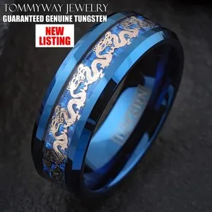 Authentic Blue Tungsten Carbide Rose Gold Plated Chinese Dragon Wedding Band Ring