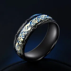 Authentic Men Women Gold Plated Blue Black Red Celtic Dragon Band Ring 8mm