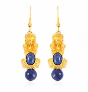 Authentic Genuine Blue Lapis 16.25ctw ~ Dragon Ion Gold Plated Earrings. Unused Boxed