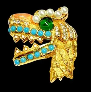 Authentic RARE 1960'S COUTURE KENNETH JAY LANE KJL GOLD PLATED FANTASY DRAGON HEAD BROOCH