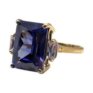 Authentic STERLING - GOLD PLATED PRECIOUS BLUE GEMSTONE SIZE 7 COCKTAIL RING 5.8GR #1856