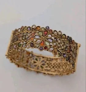 Authentic Gold Plated Cuff Bracelet 200 Semi Precious Stones Screw Closure Beautiful Piece