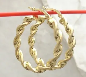 Authentic 1.25" Technibond Twisted Round Hoop Earrings 14K Yellow Gold Plated 925 Silver