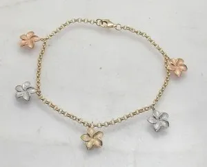 Authentic Blooming Protection: 14K TriColor Gold Plated Floral Plumeria Charm Bracelet
