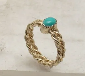 Authentic Sz 8 Technibond Turquoise Gemstone Rope Band Ring 14K Yellow Gold Plated Silver